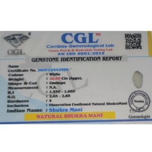 NATURAL SHUKRA MANI LAB CERTIFICATE