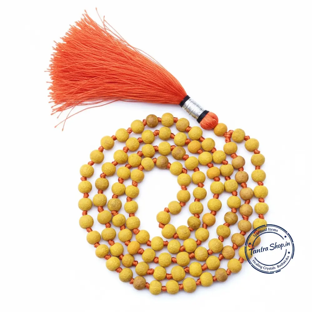 original-haldi-mala-108-beads Pure turmeric root beads Haldi Mala for Lord Ganesha and Goddess Baglamukhi puja to overcome obstacles and enemies