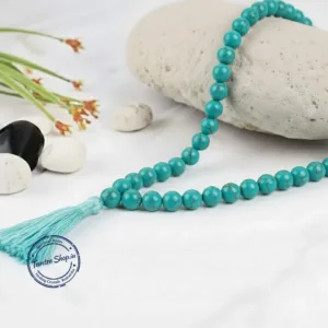 Close up natural firoza turquoise stone beads mala