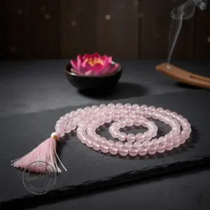 Close up natural rose quartz mala beads texture